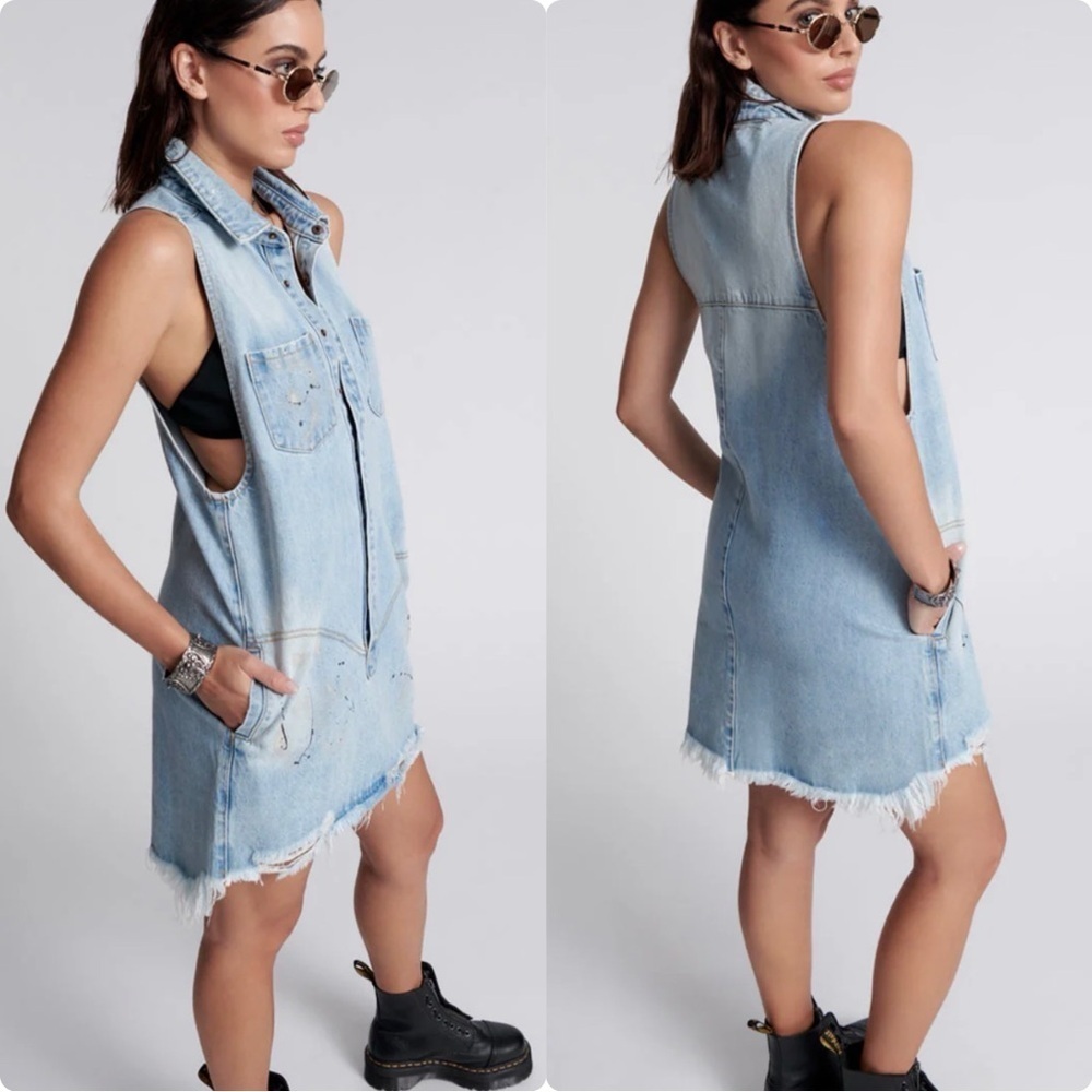 New One Teaspoon Braxton Denim Dress Fleetwood Artiste Paint Spatter Oversized